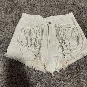 White Distressed Jean Shorts with Rhinestone and Pearls